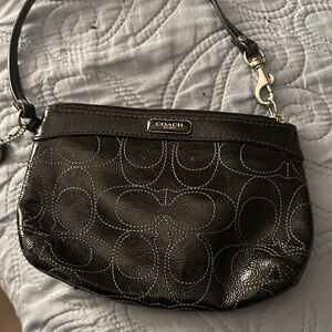 COACH Black Signature Leather Wristlet with Silver Plaque